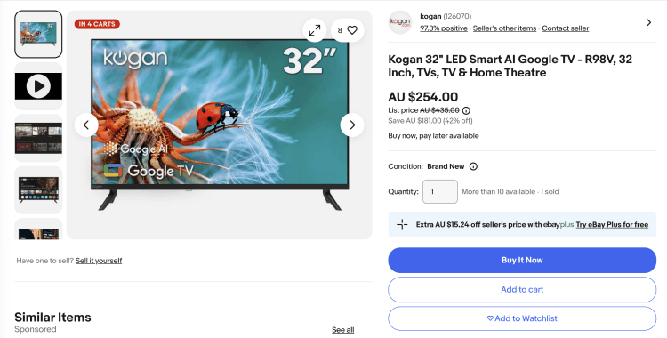 eBay: Kogan 32″ LED Smart AI Google TV – $254 – 42% Off